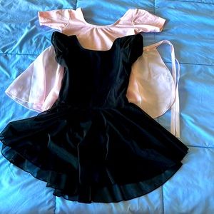 Two leopards, pink leotard with/skirt, black leotard w/skirt, size M, 5-7